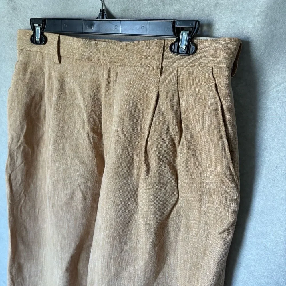 PJ Prestige Trousers Mens Size 38 Tan Pleated Linen Belt Loops Lightweight
